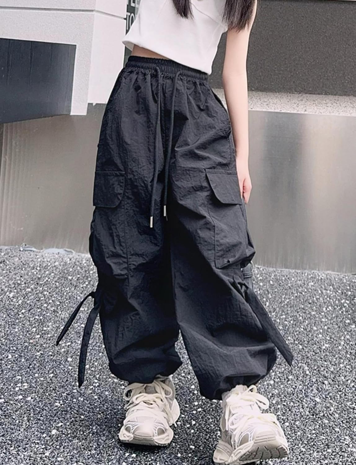 Cargo Hose Mädchen Freizeithose Baggy Hip Hop Hose mit Gummibund Schleife Leicht Dünn Sommerhose 4 Taschen Freizeit Streetwear Kinder 5-14 Jahre