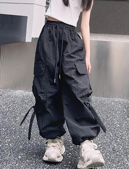 Cargo Hose Mädchen Freizeithose Baggy Hip Hop Hose mit Gummibund Schleife Leicht Dünn Sommerhose 4 Taschen Freizeit Streetwear Kinder 5-14 Jahre