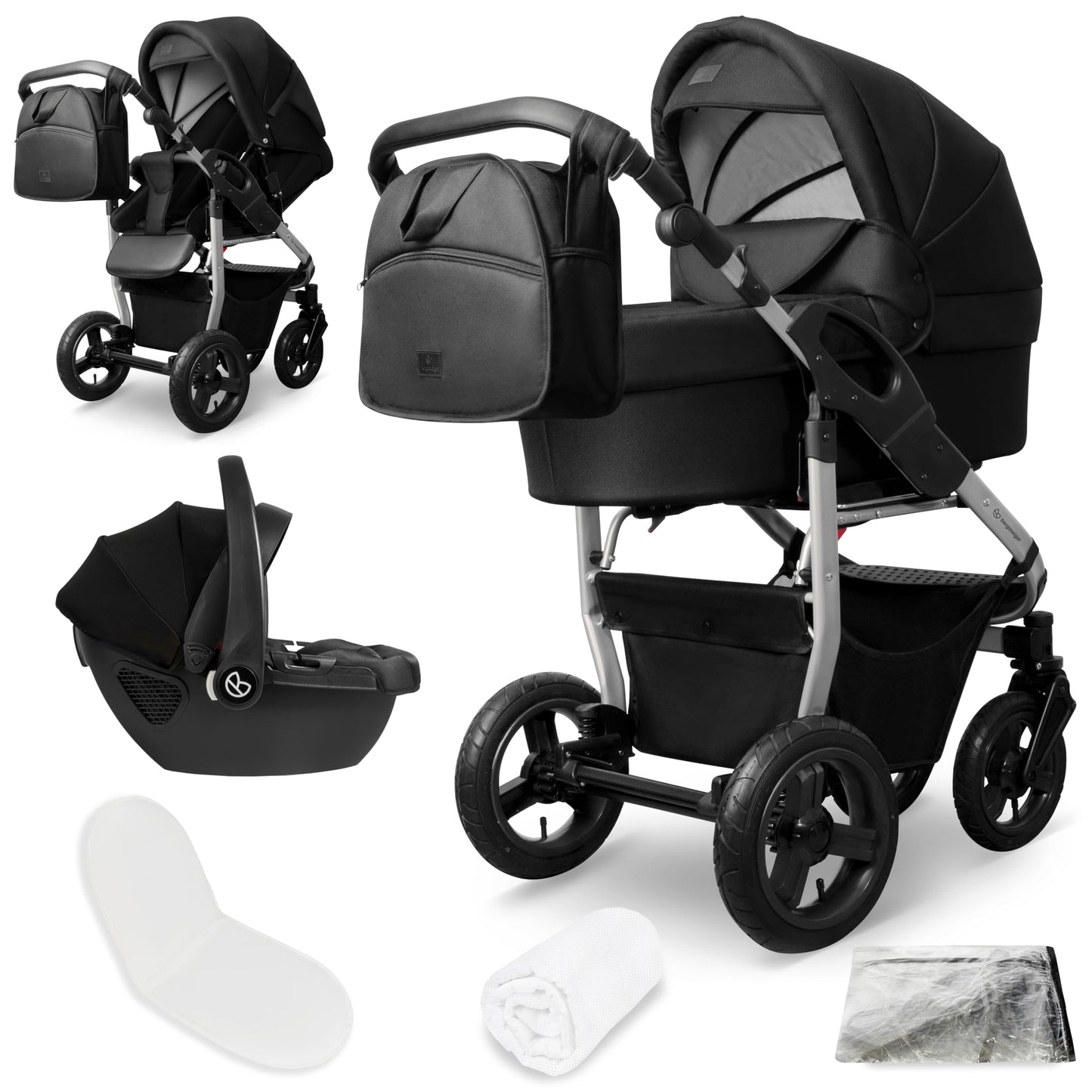 Bergsteiger Capri 3-in-1 Combination Pushchair - Baby Carrier, Sports Seat & i-Size Baby Seat, Pneumatic Tyres, Suspension, Height-Adjustable Handle, Foldable, Accessories