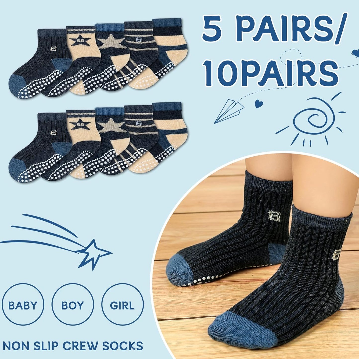 KOWAYI Stoppersocken Kinder 5/10 Paar ABS Rutschsocken Kinder Jungen, Mädchen, Baby Antirutschsocken 1-7 Jahre Grip Socken