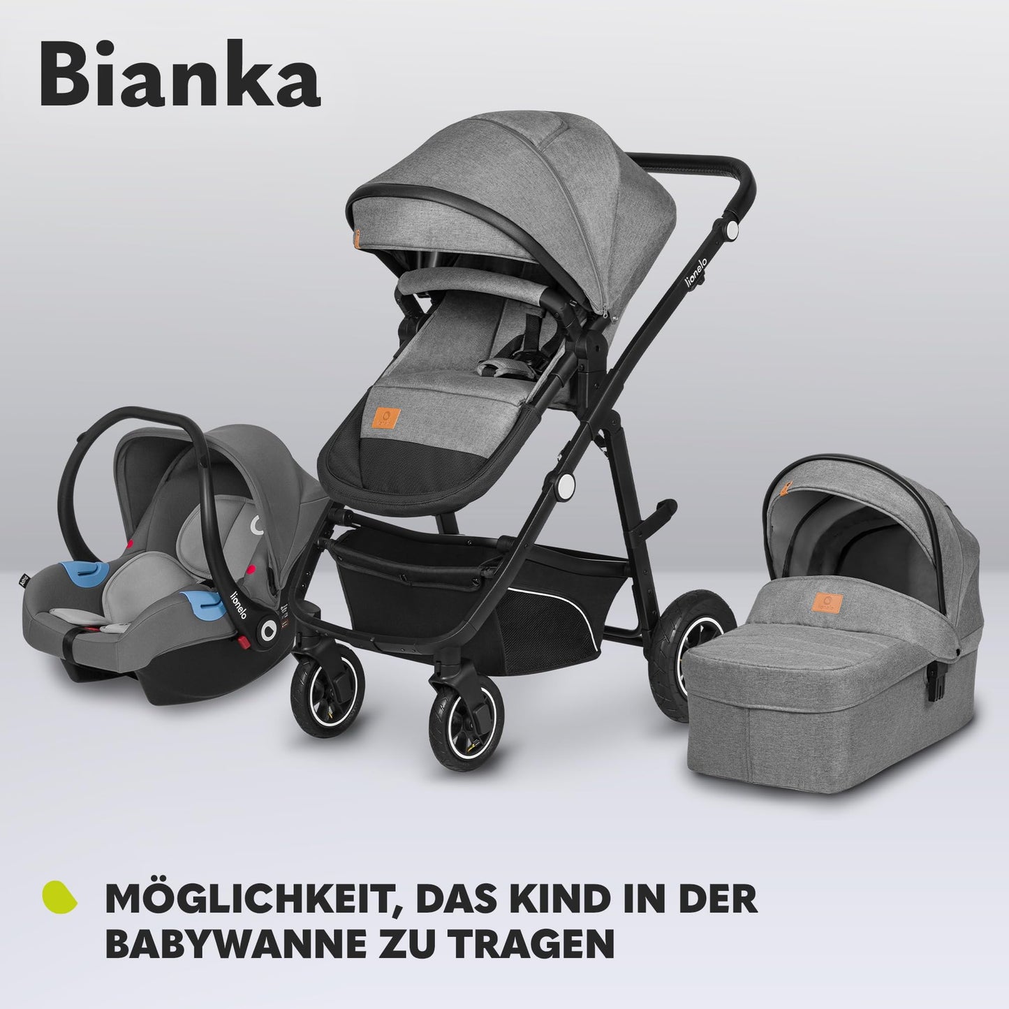 LIONELO BIANKA Children's Pushchair 3-in-1 (22 kg) Baby Carrycot (9 kg) Baby Seat (13 kg), Foldable, Travel System, Backrest Adjustment, Wheels 360o Shock Absorber, Hood XXL