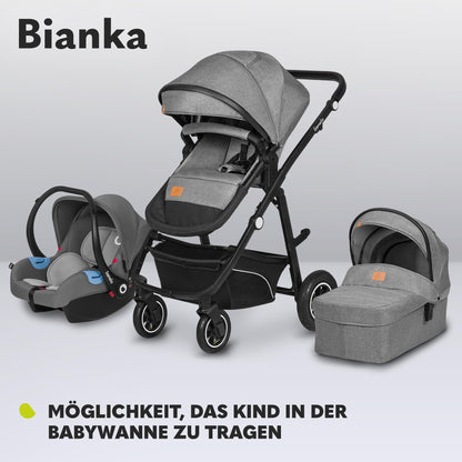 LIONELO BIANKA Children's Pushchair 3-in-1 (22 kg) Baby Carrycot (9 kg) Baby Seat (13 kg), Foldable, Travel System, Backrest Adjustment, Wheels 360o Shock Absorber, Hood XXL