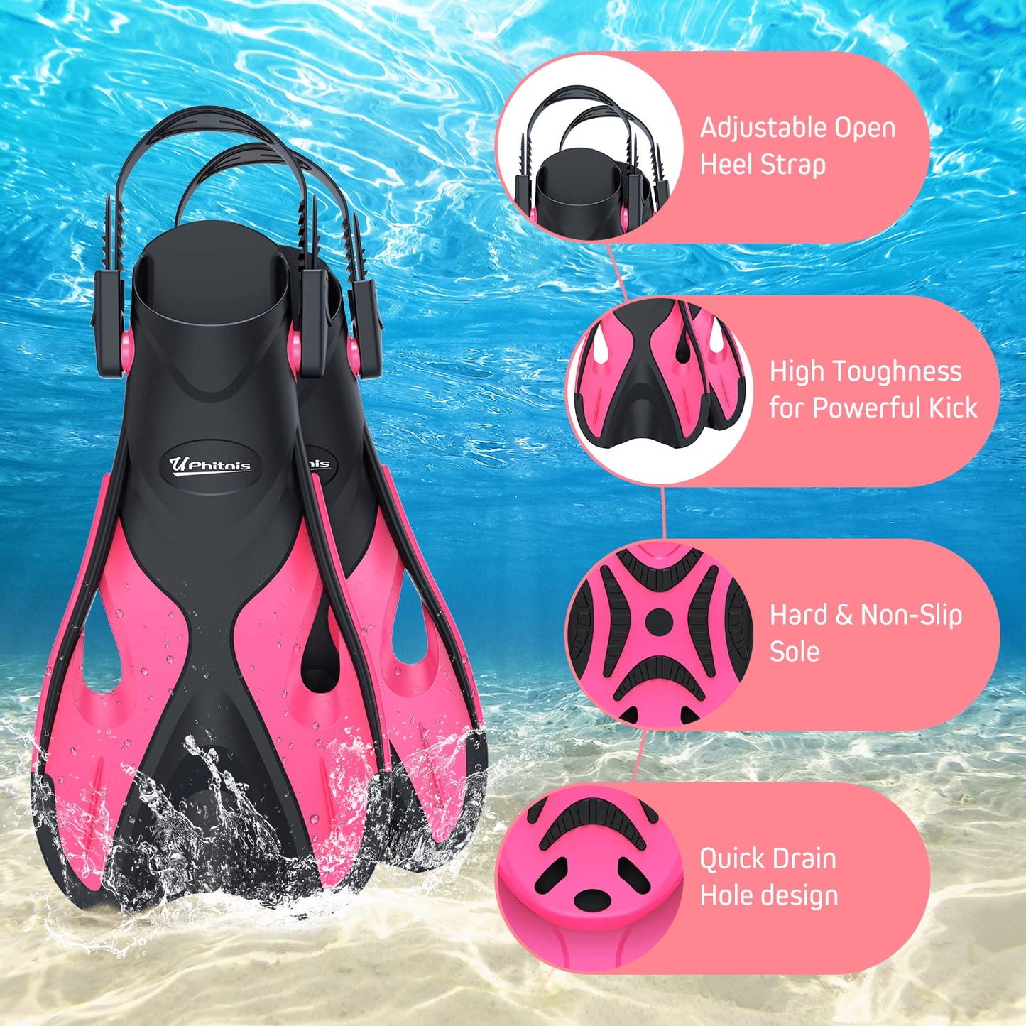 UPhitnis Kinderschnorchelset mit Flossen, Antibeschlag 180° Panorama Taucherbrille, verstellbare Schwimmflossen und Premium Dry Schnorchel, 3-in-1 Schnorchelset für Kinder mit Tragetasche
