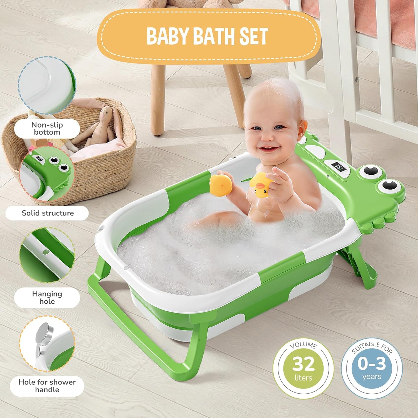 Faltbar Baby Badewanne Mit Rutschfestem Badewannensitz - Babywanne Xxl Mit Badethermometer - Von Der Geburt Bis 3 Jahre - Baby Bathtub - Babygeschenk - Geburtsgeschenke Für Mädchen & Jungen