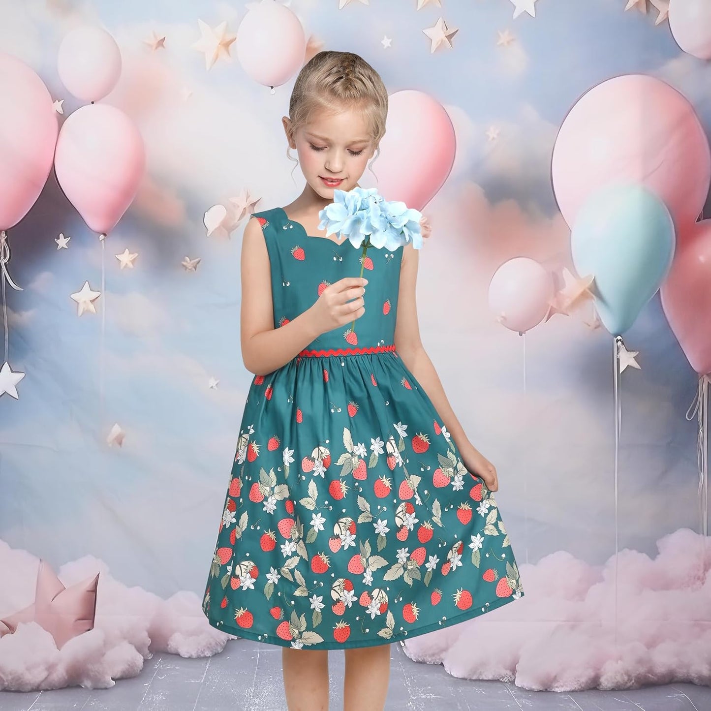 Sunny fashion girls' sleeveless polka dot dress rose garden green print size