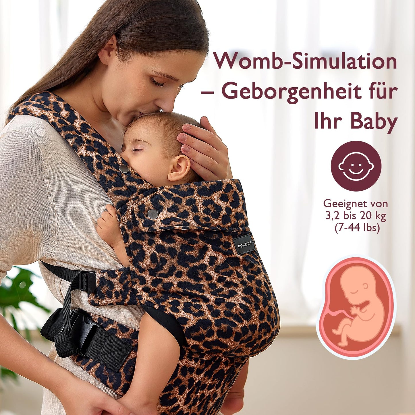 Momcozy Babytrage aus 100% Baumwolle – Baby Carrier für Kleinkind (3-24 Monate, 3,2-20 kg) · Ergonomische M-Position · X-Rücken · Taillengurt 64-127cm, Khaki