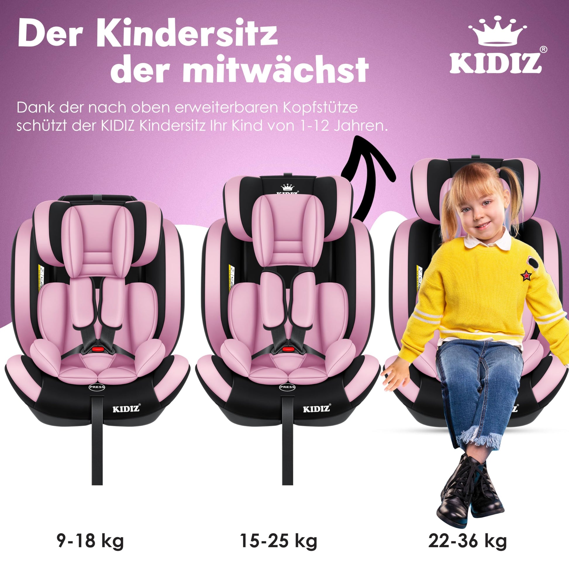 KIDIZ® Autokindersitz Kinderautositz Gruppe 1+2+3 9-36 kg 5-Punkt-Sicherheitsgurt, Autositz, Kindersitz, Einstellbare Kopfstütze, Mitwachsende Sitzerhöhung 1-12 Jahre, Stabil und Sicher - Meloni2