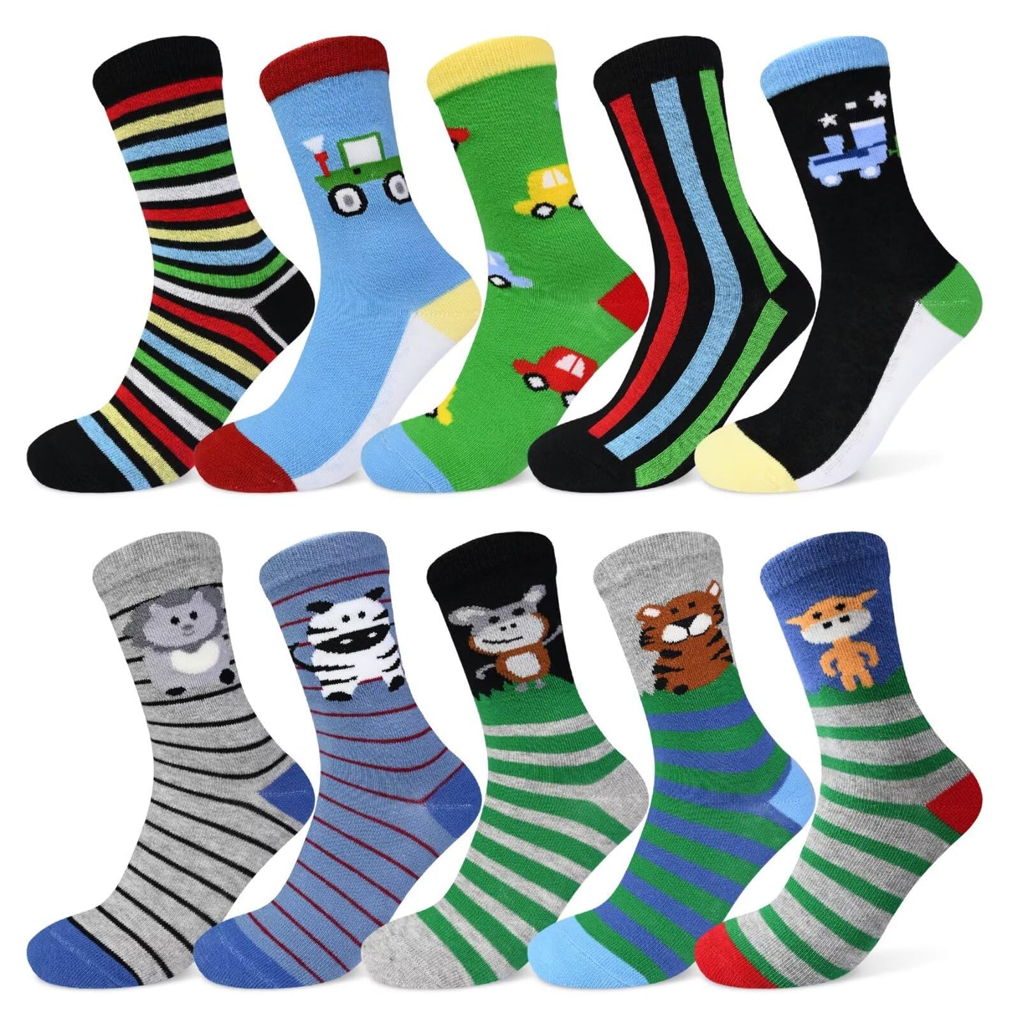 TUUHAW 10 Paar Kinder Socken für Mädchen und Jungen Socken Mit Motiv Schulkind Baumwolle Socken Bunt Gr. 23-38