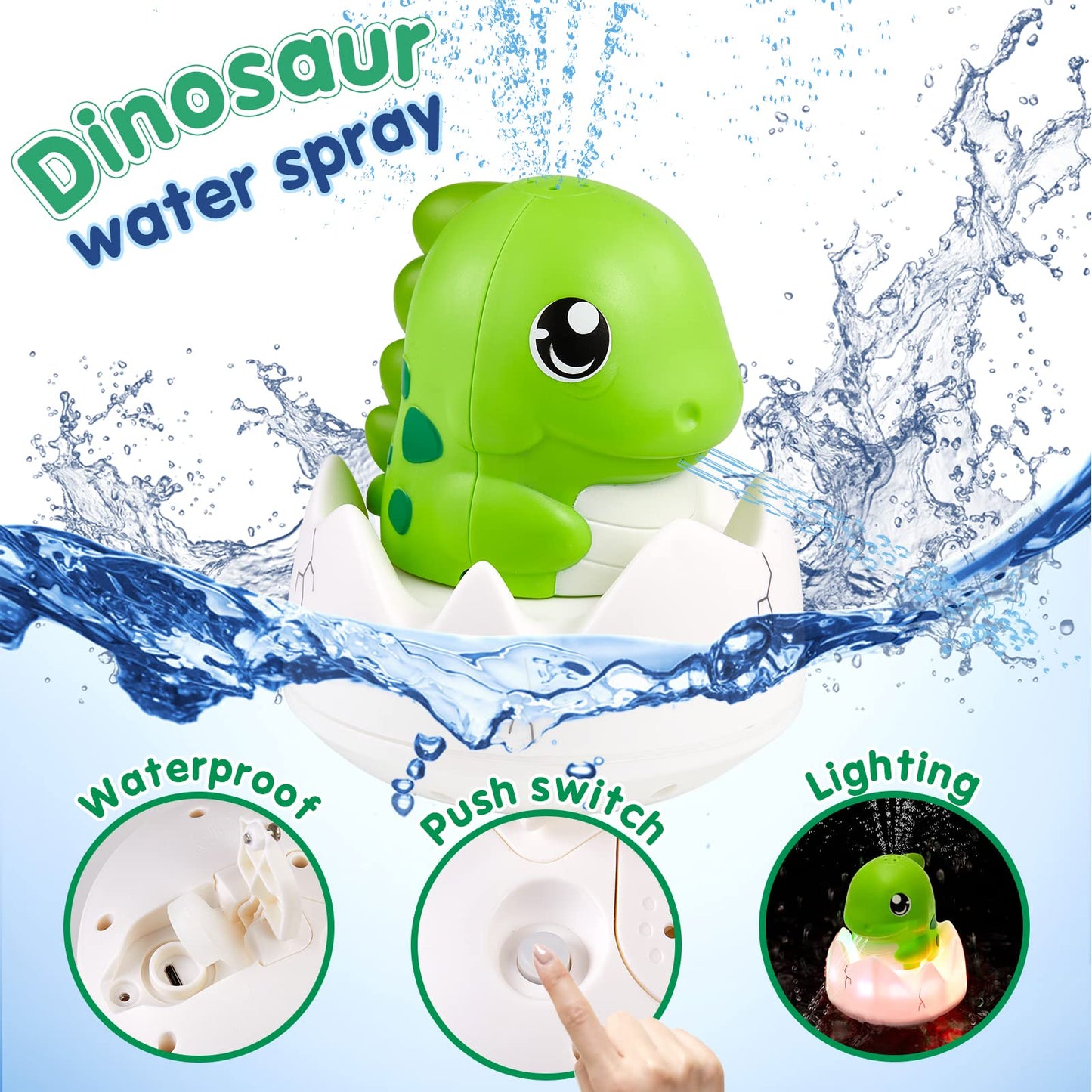 Dinosaur Bath Toys for Baby,Light Up Bath Toys for Toddlers,Sprinkler Bathtub Toys Spray Fountain Water Pool Toys,Baby Infant Kids Birthday Shower Gifts,Green