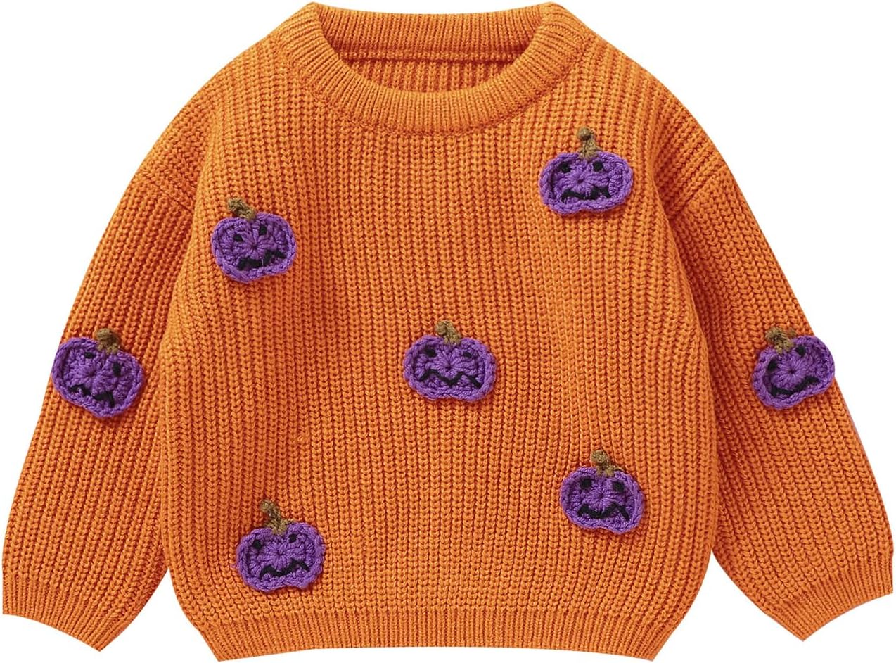 Yassiglia Baby Halloween Strickpullover Kleinkinder Kürbis/Geist Sweatshirt Langarm Rundhals Gestrickter Pullover Neugeborenes Baby My First Halloween Outfit