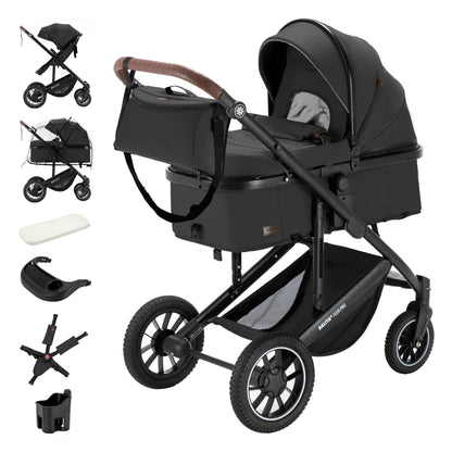 Daliya® FLEXI-PRO M 2in1 Kombikinderwagen & Buggy – XXL-Set, Reise-Kinderwagen mit Einhand-Abnahme, Wetterschutz, Sportsitz, Wickeltasche, Spieltisch, Regenschutz, dicke Matratze (Olivgrün)