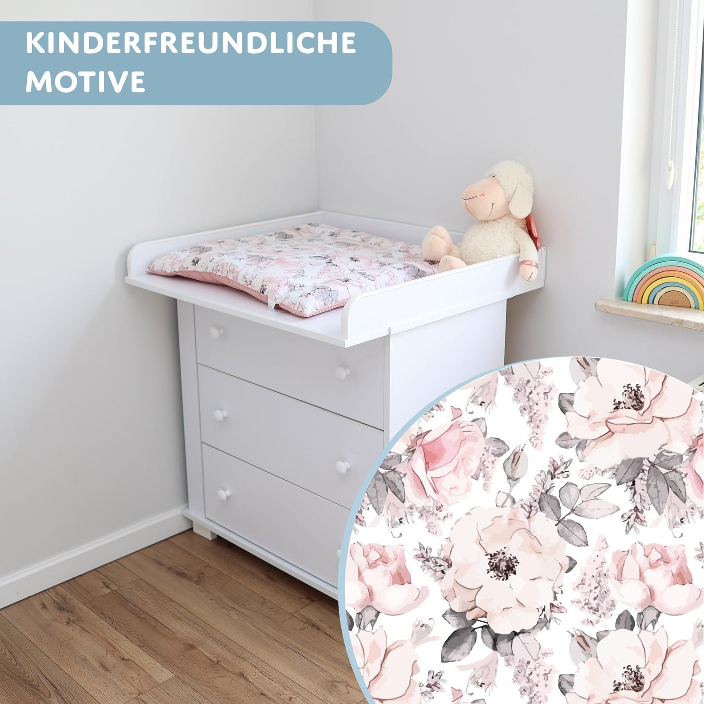 Wickelauflage Wickelunterlage aus Baumwolle 75x72 cm - Weich und waschbar Wickelunterlage für Babys Wickelmatte aus Stoff für Wickeltisch Wickelkommode oder Waschmaschine 75 x 72 Wilde Rose