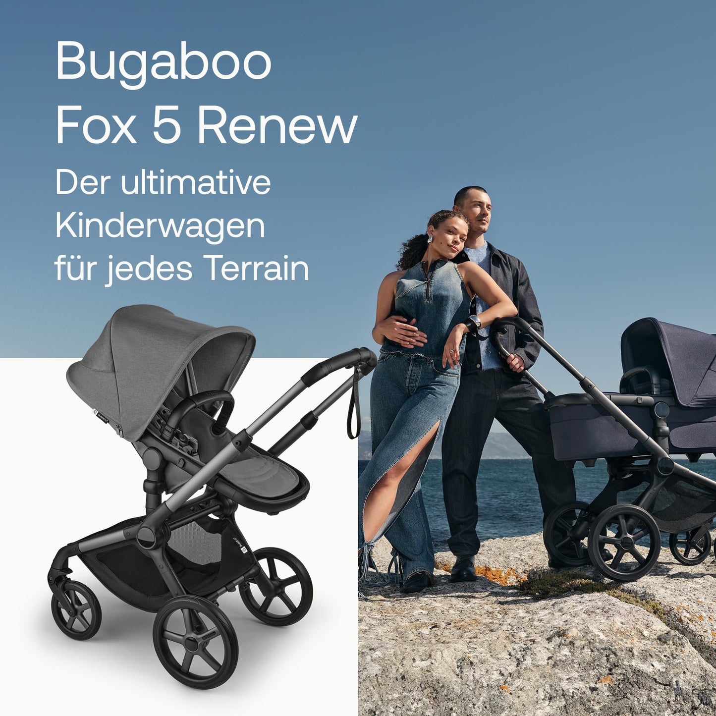 Bugaboo Fox 5, 2-in-1 Kinderwagen für jedes Gelände, mit Liegewanne und ausziehbarem Kleinkindsitz, einfach zu manövrieren und Ein-Hand Faltung, Fahrgestell in Schwarz und Sonnendach in Forest Green