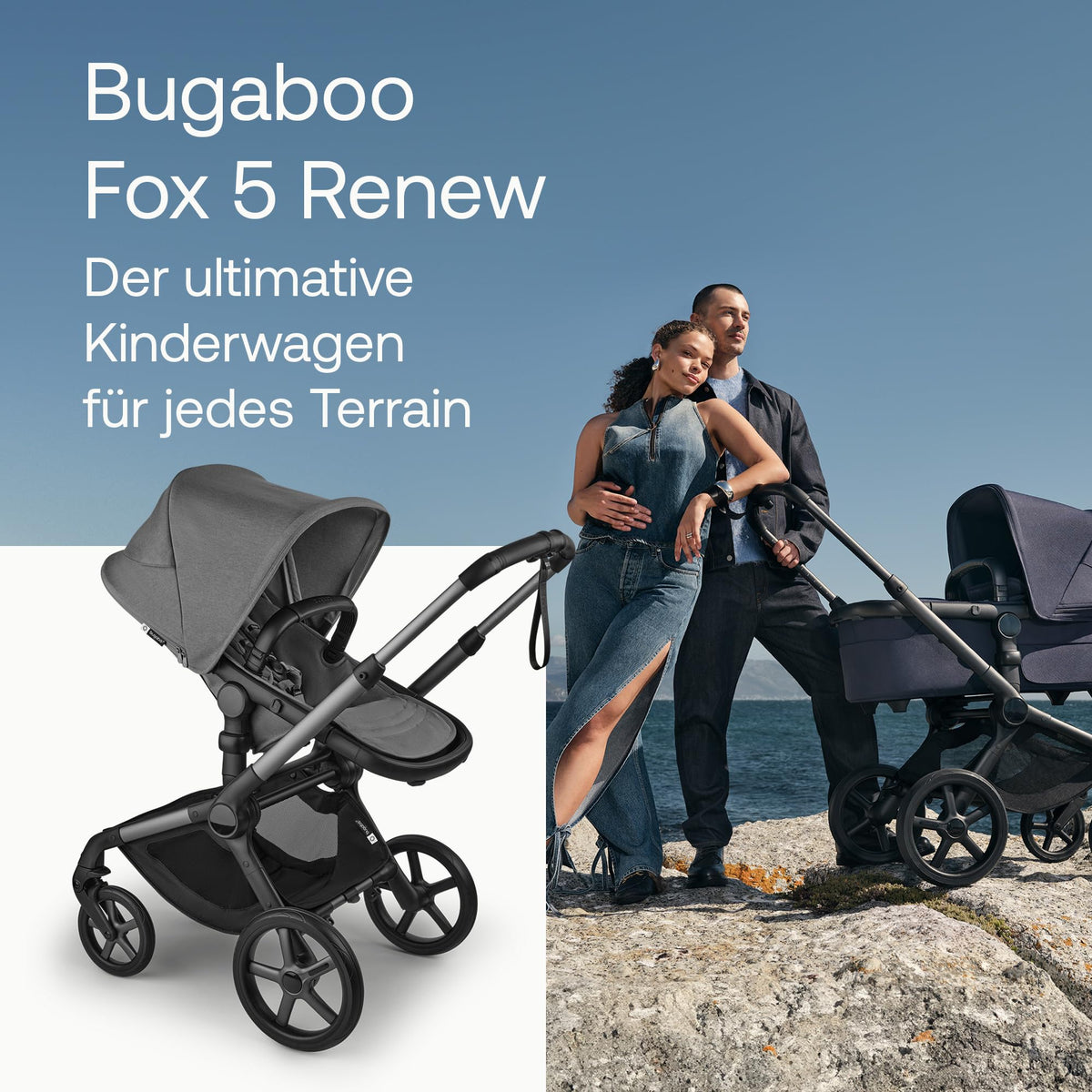 Bugaboo Fox 5 Renew, 2-in-1 Kinderwagen für jedes Gelände, mit Liegewanne | ausziehbarer Kleinkindsitz, praktische Ein-Hand Faltung, Fahrgestell in Schwarz und Sonnendach in Forest Green ab Lager