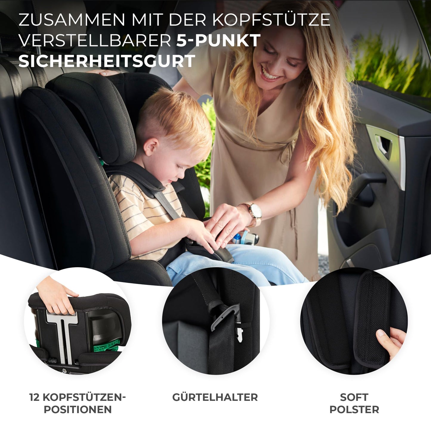 Kinderkraft SAFETY FIX 2 I-SIZE 76-150 cm Kindersitz 9-36 kg, Kinderautositze mit isofix, Einstellung der Kopfstütze, spezielle Sicherheitssysteme, 5 punkt gurte, Einsatz im set, Schwarz