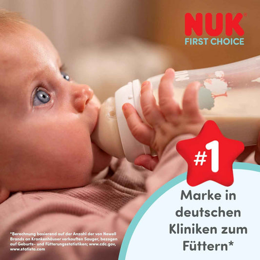 NUK First Choice Perfect Start Babyflaschen Geschenkset für Neugeborene | 0–6 Monate | 4 x Anti-Kolik-Trinkflaschen (150 ml, 300 ml), 2 x Sauger, 1 x Schnuller, 1 x Flaschenbürste | Neutral | 8 Stück