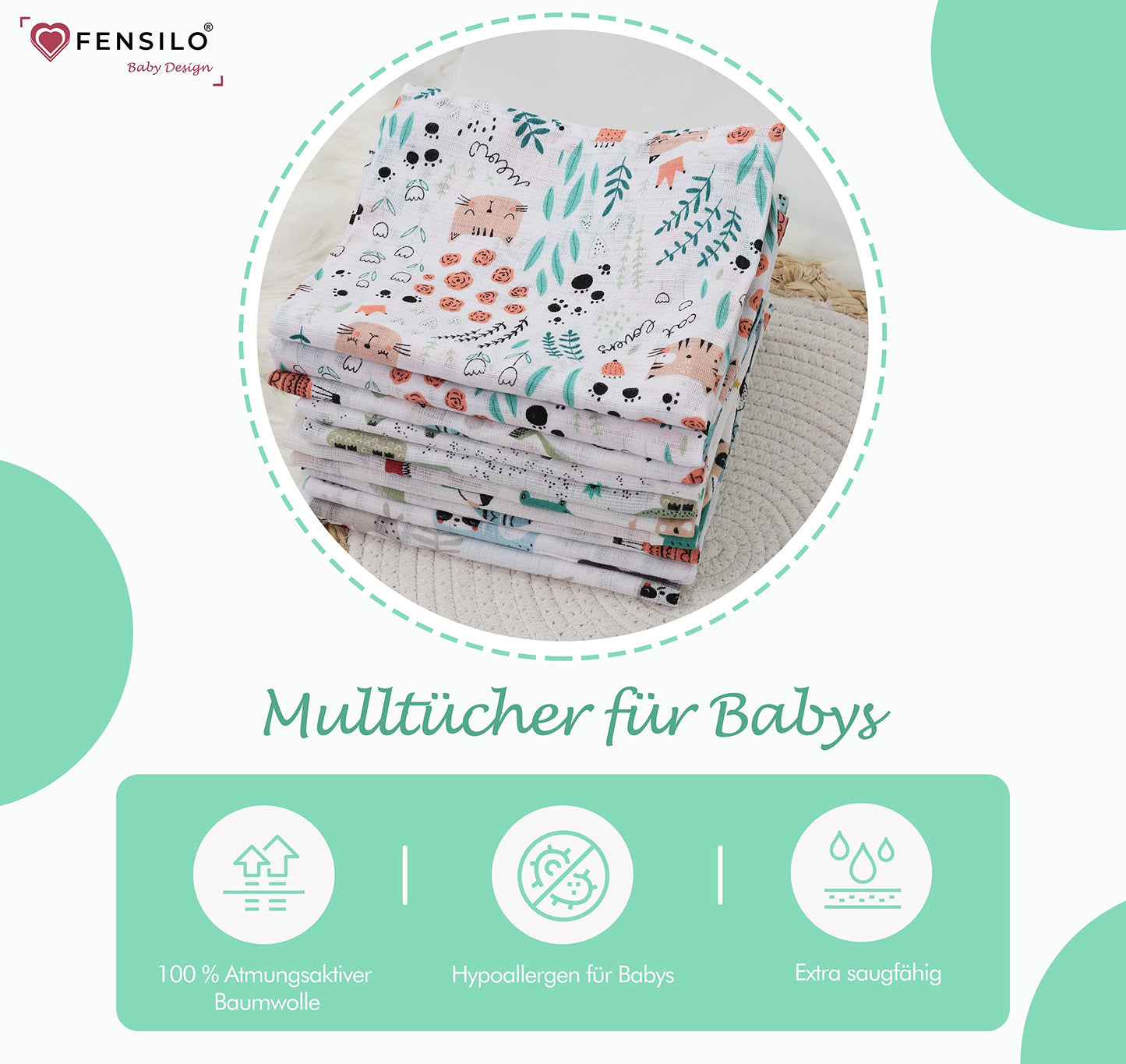 FENSILO - Mulltücher - Mullwindeln - 10er Pack 70x80 cm - Stoffwindeln, Made IN EU, schadstoffgeprüft - Spucktücher Set für Mädchen – Baby Mullwindeln- Rosa - Oeko-TEX Zertifiziert