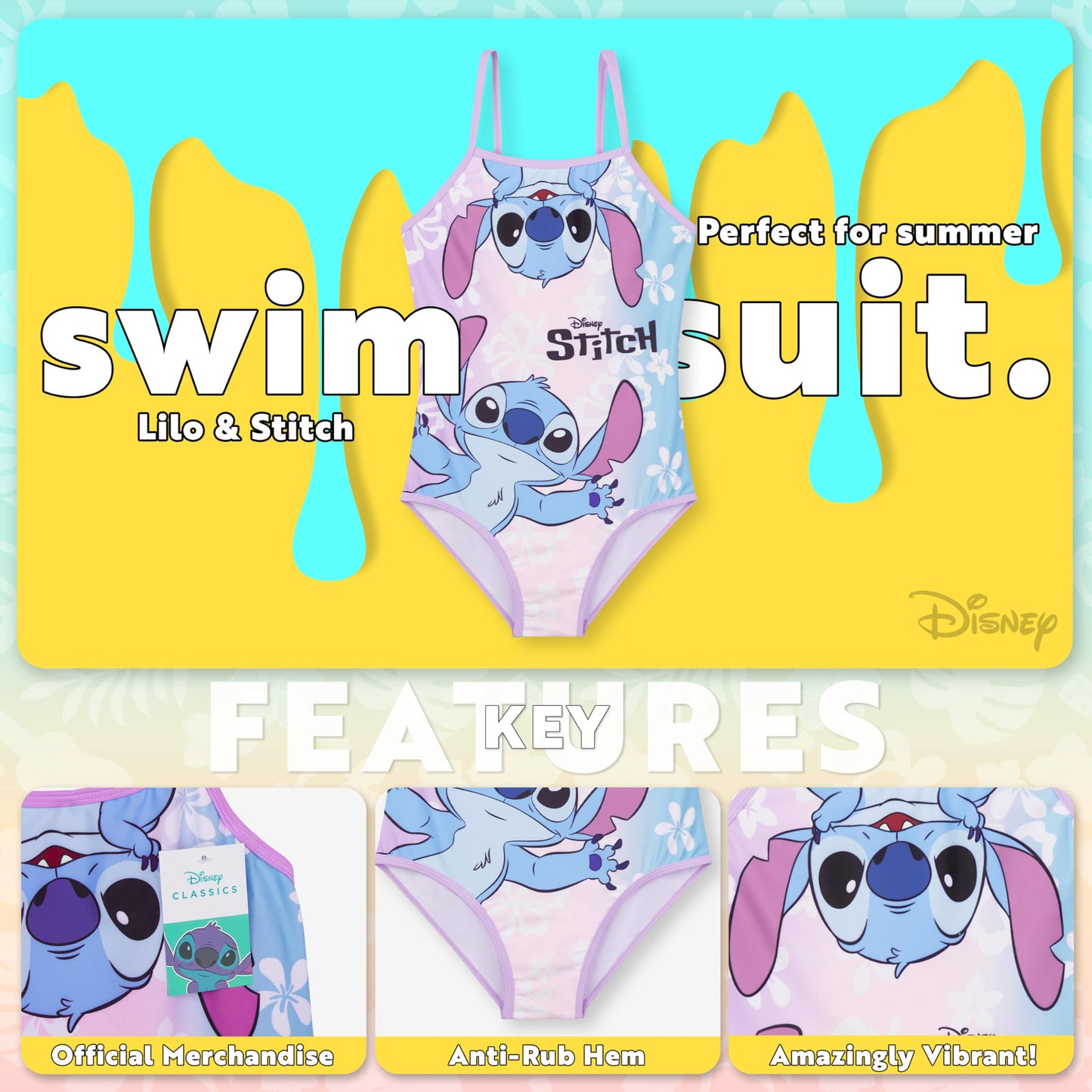 Disney Stitch Girls' Swimming Costume Adjustable Spaghetti Straps