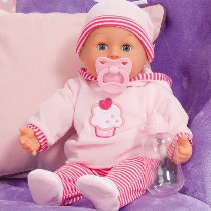 Babypuppe First Words mit Schlafaugen, spricht 24 Babylaute, mit Schnuller und Flasche, 38 cm, Rosa/Streifen