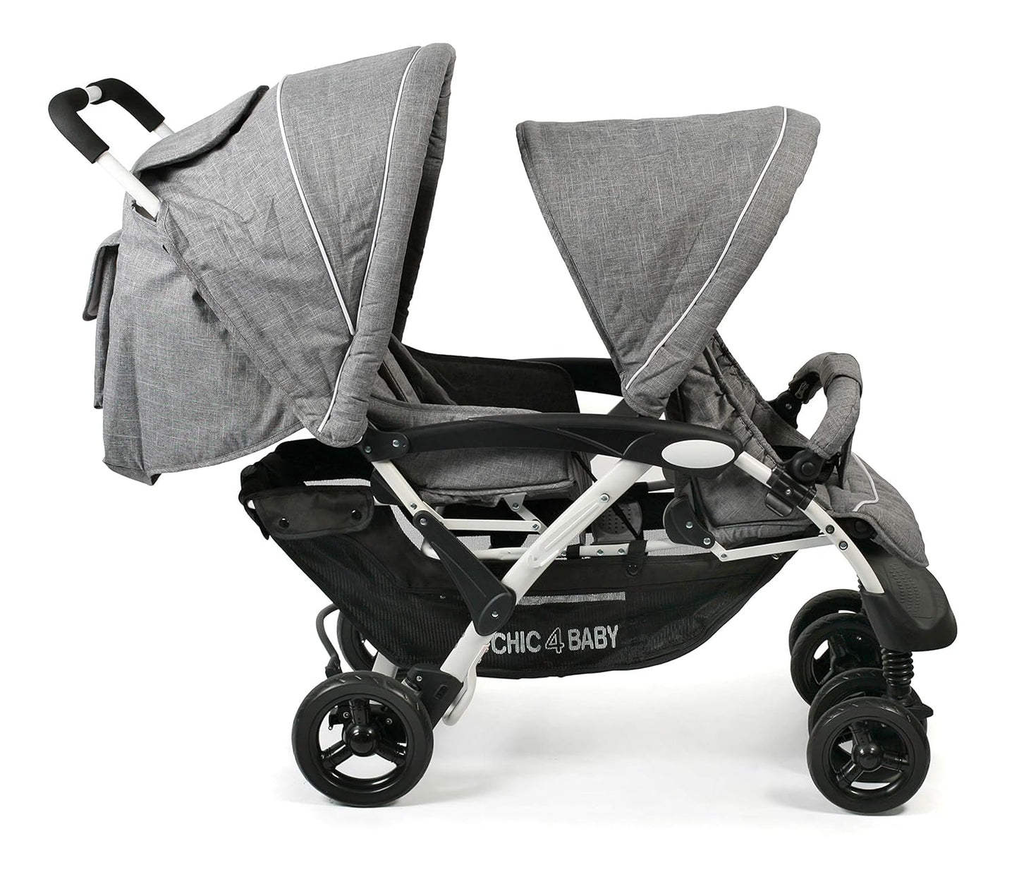 CHIC 4 BABY - Geschwisterwagen DUO mit Tragetasche und Regenschutz, Geschwisterkinderwagen für zwei Kinder, Zwillingswagen, Zwillingsbuggy, Tandemkinderwagen, Tandembuggy, Kinderwagen, Jeans grau