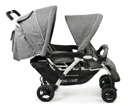 CHIC 4 BABY - Geschwisterwagen DUO mit Tragetasche und Regenschutz, Geschwisterkinderwagen für zwei Kinder, Zwillingswagen, Zwillingsbuggy, Tandemkinderwagen, Tandembuggy, Kinderwagen, Jeans grau
