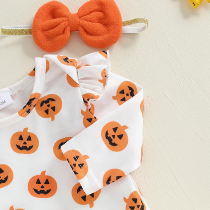 Geagodelia Baby Girl Halloween Clothing Outfit Pumpkin Ghost Baby Clothing Set Body Top + Jumpsuit Dress Newborn Soft Baby Set