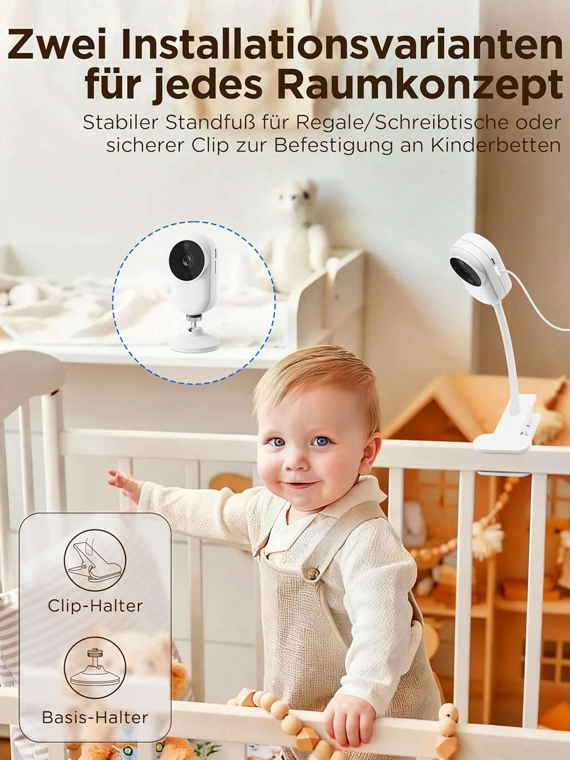 Babyphone mit Kamera, 1080P Babykameramonitor mit Halter und Bettclip ohne WLAN, 2-Wege-Audio, weinende Erkennung, 4x Zoom, Nachtsicht, Temperatursensor, 3,5 Zoll LCD Babyphone mit SD