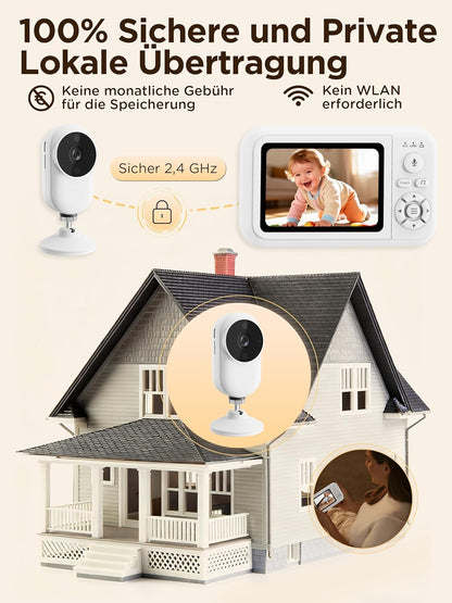 Babyphone mit Kamera, 1080P Babykameramonitor mit Halter und Bettclip ohne WLAN, 2-Wege-Audio, weinende Erkennung, 4x Zoom, Nachtsicht, Temperatursensor, 3,5 Zoll LCD Babyphone mit SD