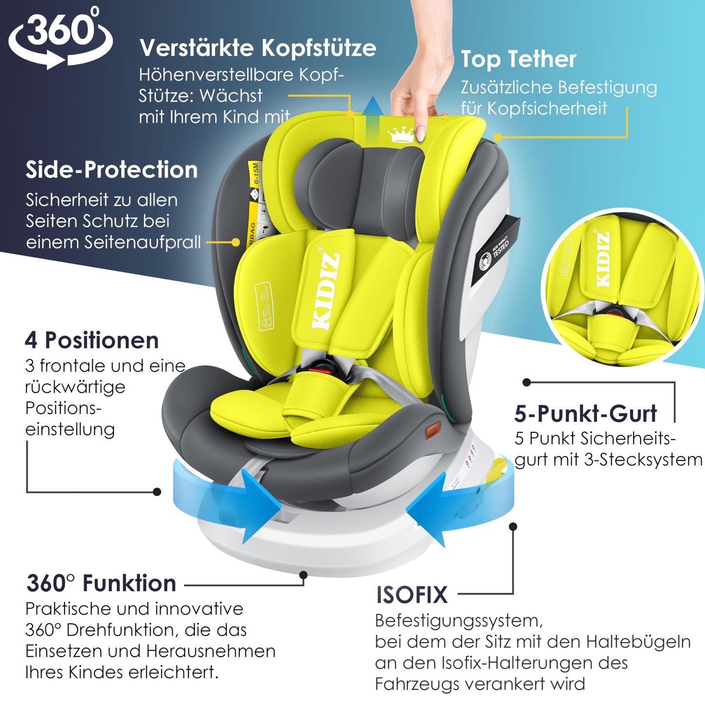KIDIZ® Kindersitz Baby Autositz Kinderautositz Isofix Top Tether 360° drehbar Gruppe 0/1/2/3 ab Geburt 0-36kg Mit Sonnenschutzdach Seitenschutz 5 Punkt Gurt Kopfstützenverstellung ECE R129 Grau - Meloni2