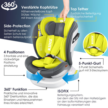 KIDIZ® Kindersitz Baby Autositz Kinderautositz Isofix Top Tether 360° drehbar Gruppe 0/1/2/3 ab Geburt 0-36kg Mit Sonnenschutzdach Seitenschutz 5 Punkt Gurt Kopfstützenverstellung ECE R129 Grau - Meloni2