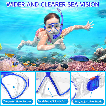 JEMULICE Taucherbrille Kinder, Schwimmbrille Kinder Schnorchelmaske für Jungen Mädchen, Tauchmaske mit Nasenabdeckung 180°Panorama HD Anti Nebel Anti-Leck Schwimmmaske für Kinder 4-16 Jahre