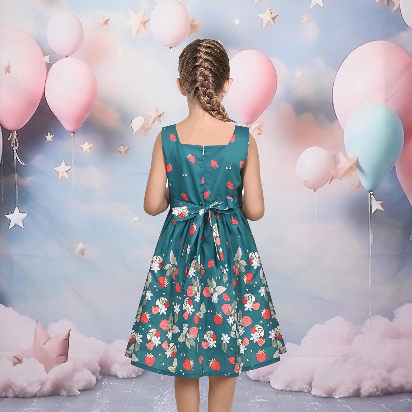 Sunny fashion girls' sleeveless polka dot dress rose garden green print size