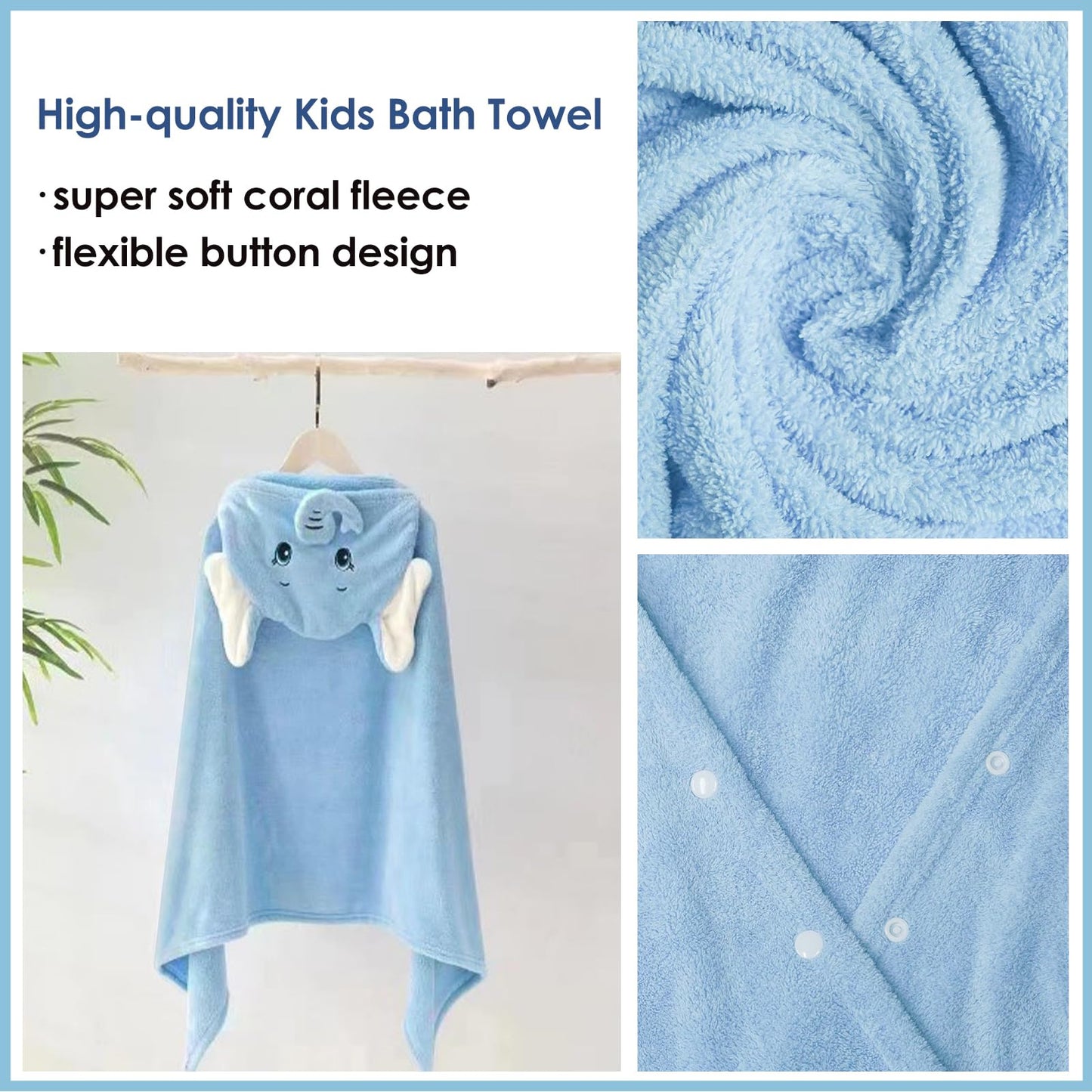 decalsweet Bath Towels for Kids, Large Softness and Absorbent Hooded Baby Bath Towel, Coral Fleece Children's Towel for Bathrobe Boys and Girls, 70 x 140 cm (Blue Elephant) 