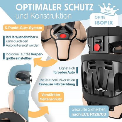 Autokindersitz mit Isofix i-Size R129 100-150cm bis 12 Jahre, Kinderautositz Gruppe 1/2/3, mitwachsender Kindersitz, 5-Punkt-Gurt & höhenverstellbare Kopfstütze, Sitzerhöhung Auto, Schwarz