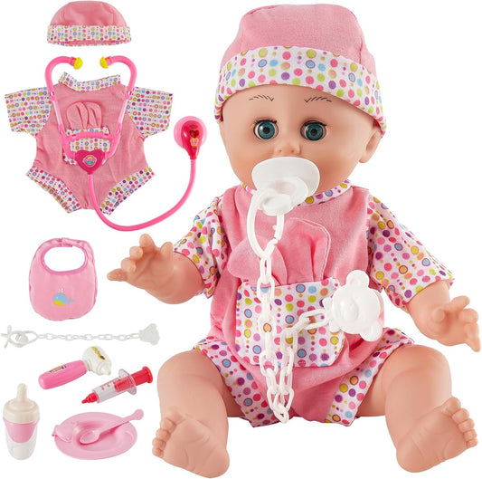 HERSITY Babypuppen Spielset mit 12 Ton und Automatisches Öffnen und Schließen Augen, Puppen Kleider Doktorkoffer Kinder, Lernspielzeug Rollenspiele 2 3 Jährige Mädchen