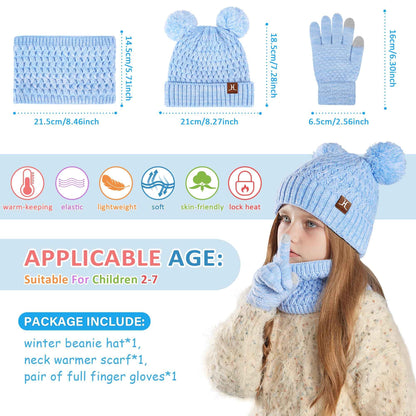 Children's Winter Hat Loop Scarf Touchscreen Gloves Set 2 3 4 5 6 7 Years Toddler Winter Hat Beanie Tube Scarf Knitted Pom Hats Gift Girls Boys