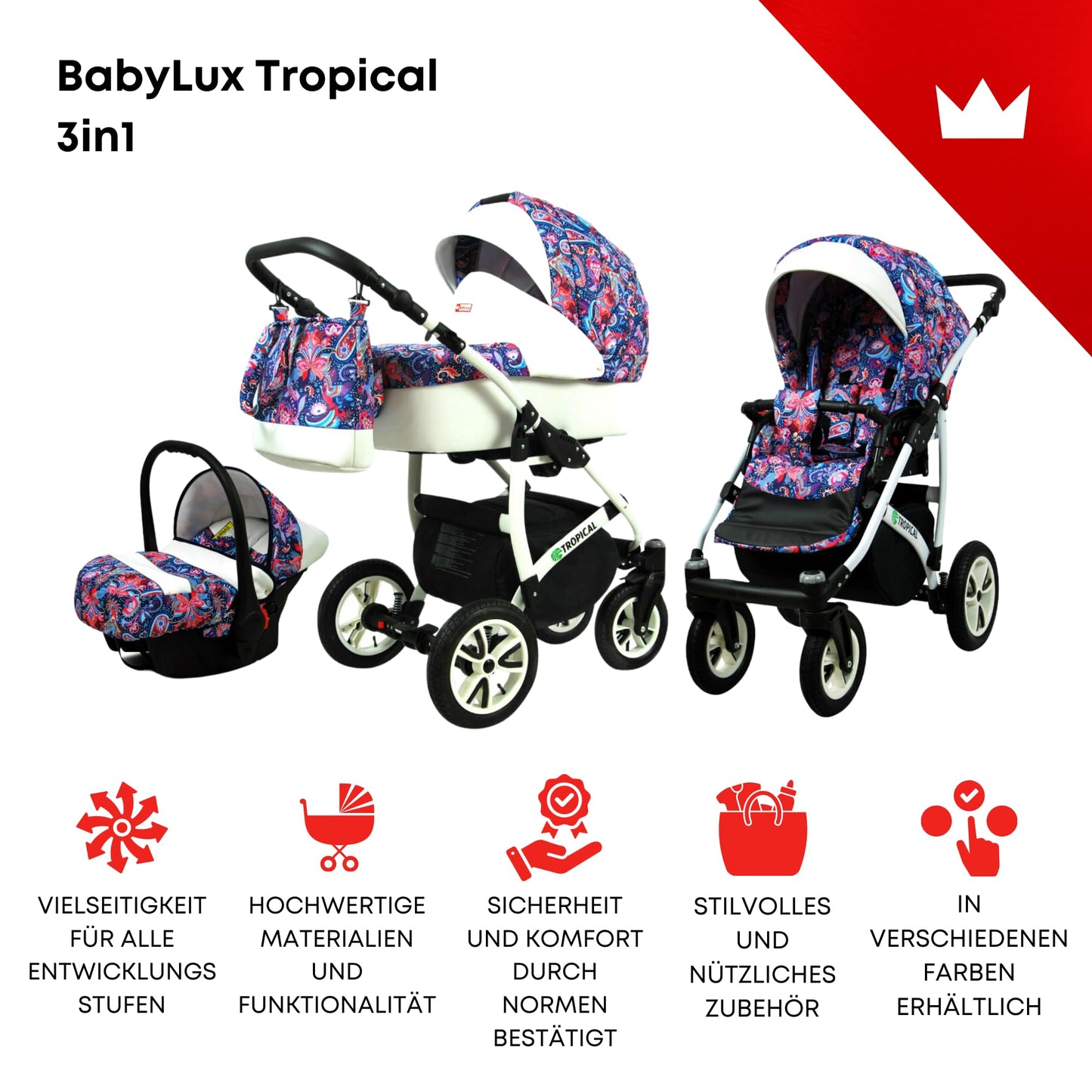 BabyLux® Bambimo Pushchair Set 3 in 1 - Tropical - incl. Baby Carrycot, Buggy Sports Seat, Car Seat - Pram Set - Combination Pram with Changing Bag, Rain Cover etc.