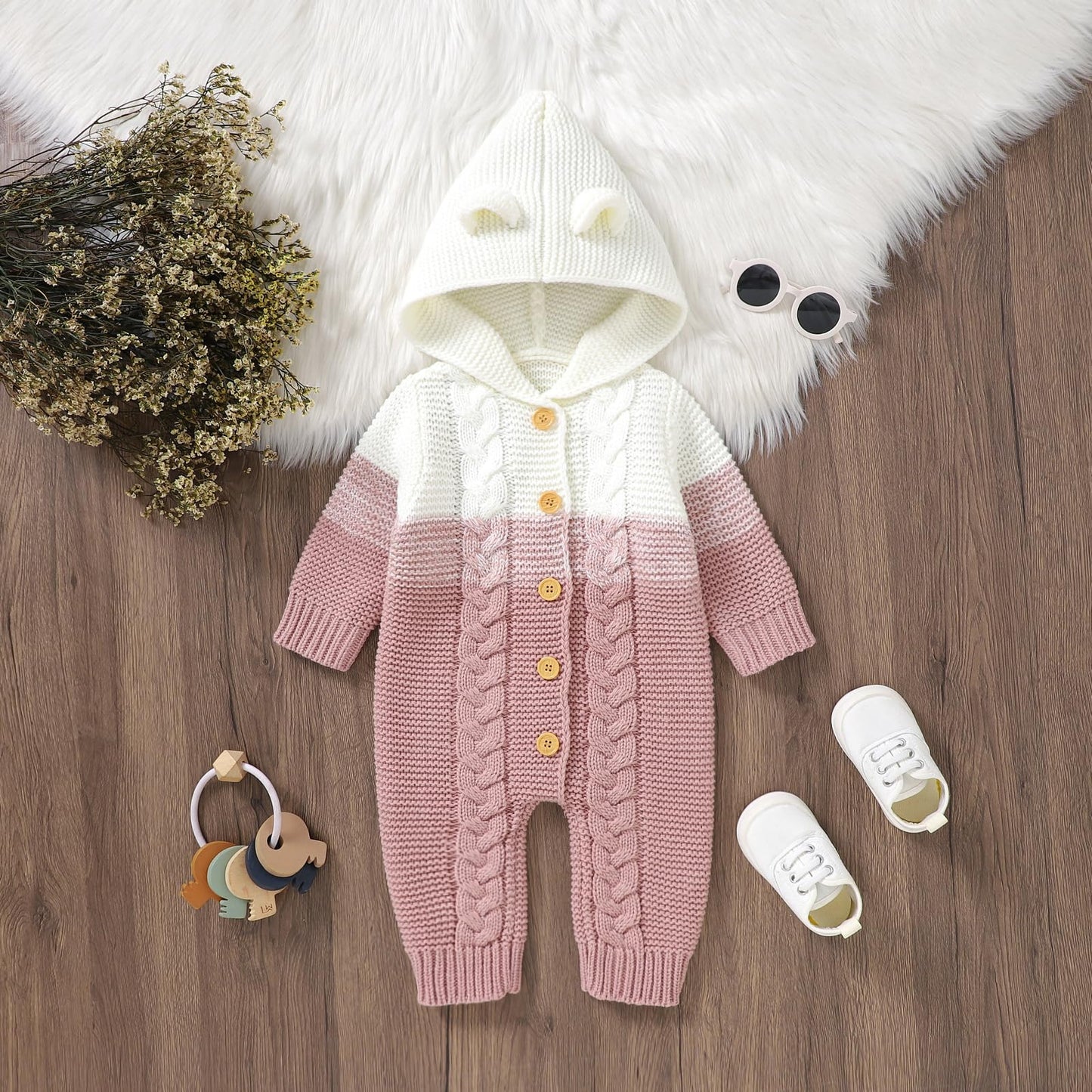 OBEEII Newborn Baby Knitted Romper Jumpsuit with Hood Ear Onesies Pullover Winter Warmer Onesie Bodysuit for Boys Girls