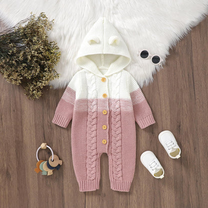OBEEII Newborn Baby Knitted Romper Jumpsuit with Hood Ear Onesies Pullover Winter Warmer Onesie Bodysuit for Boys Girls