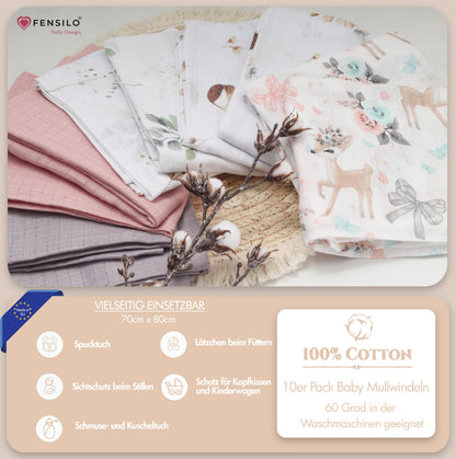 FENSILO - Mulltücher - Mullwindeln - 10er Pack 70x80 cm - Stoffwindeln, Made IN EU, schadstoffgeprüft - Spucktücher Set für Mädchen – Baby Mullwindeln- Rosa - Oeko-TEX Zertifiziert