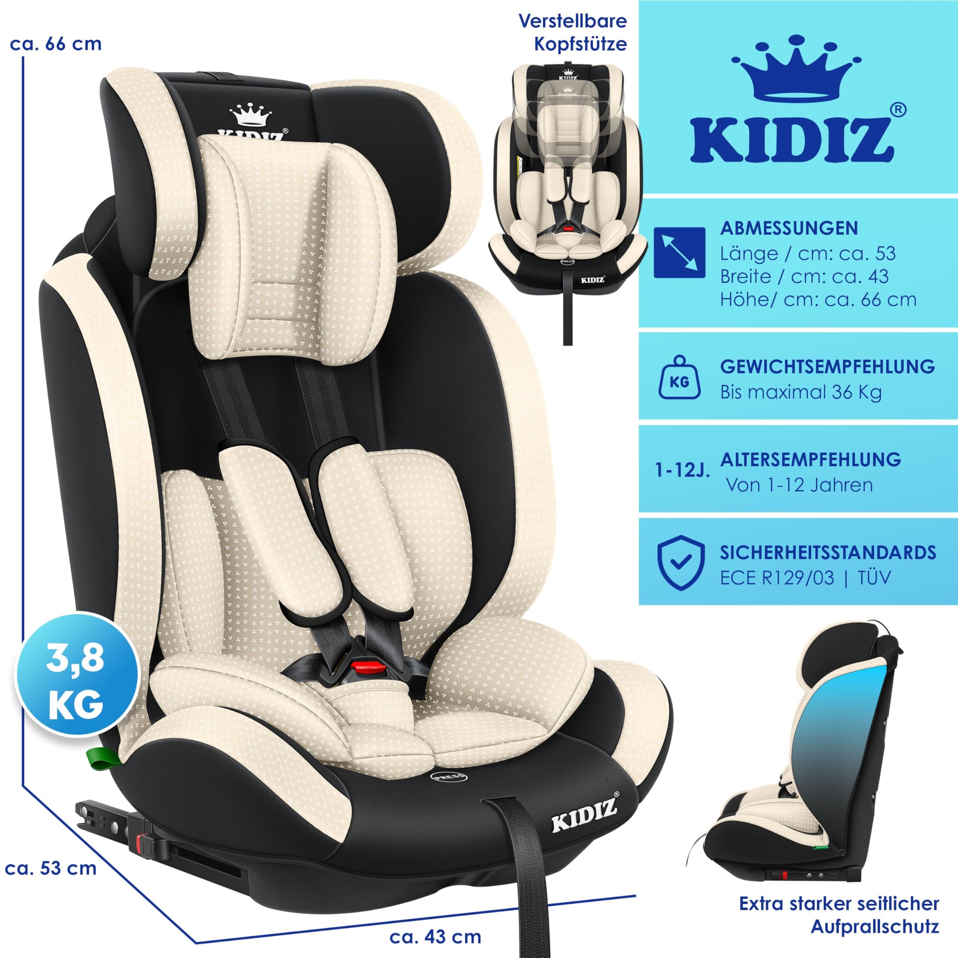 KIDIZ® Autokindersitz Triangle Premium Kindersitz Kinderautositz | Autositz Sitzschale | 9 kg - 36 kg 1-12 Jahre | Gruppe 1/2/3 | universal | zugelassen nach ECE R129/03 | mit Isofix - Meloni2