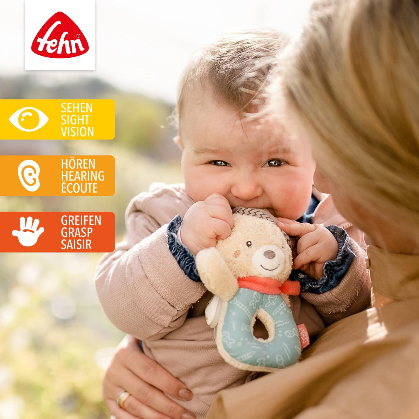 Fehn Baby Ring Greifling Lama - Kuscheltier Babyspielzeug mit Rassel - Motorikspielzeug für das spielerische Lernen - Plüschtier als Einschlafhilfe - Spielzeug für Babys & Kleinkinder ab 0+ Monaten