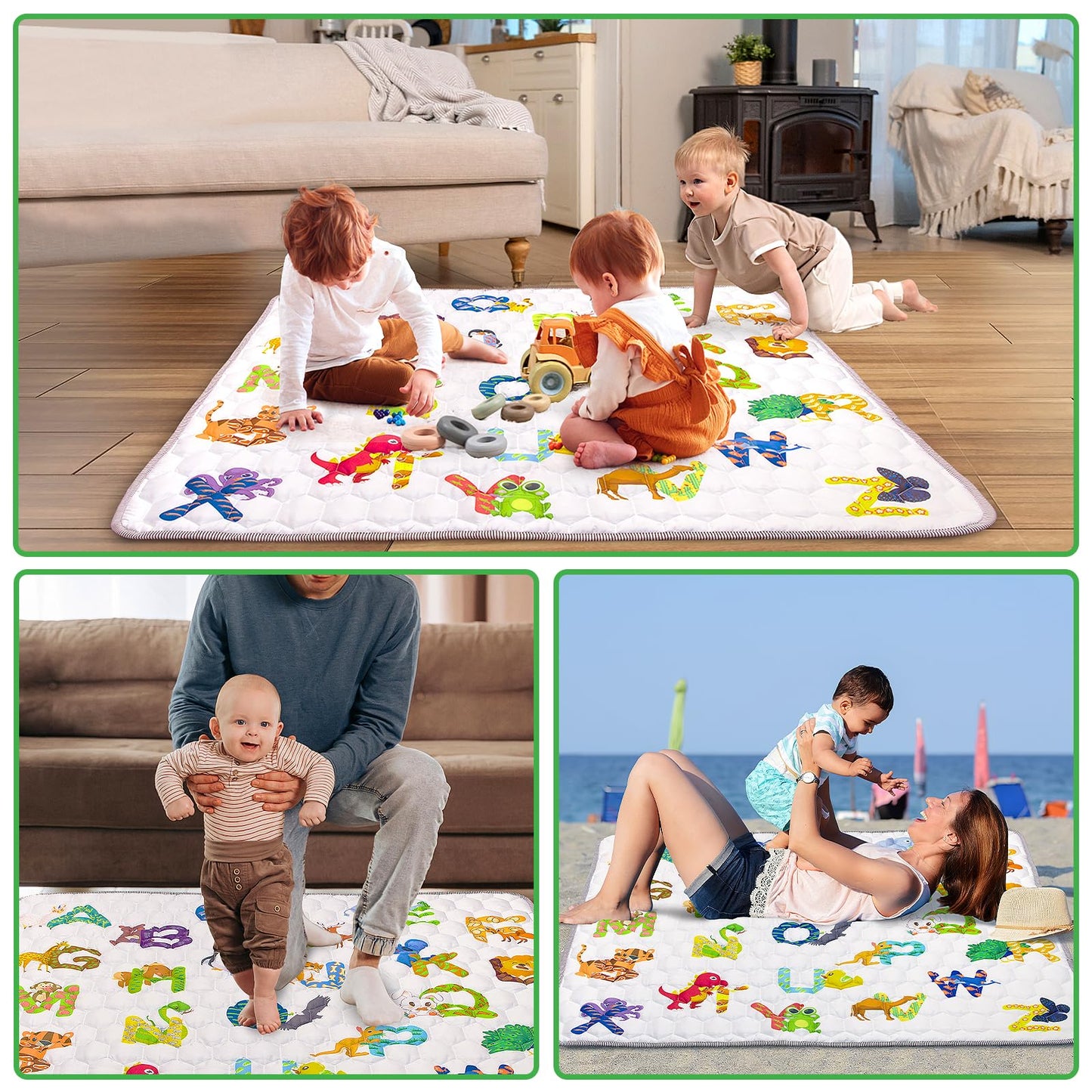 Funsland crawling carpet for babies, non-slip baby play mat, non-toxic 127x127cm, cotton animal crawling mat for babies, foldable with a height ruler, children's play mat for indoors/outdoors/fences 