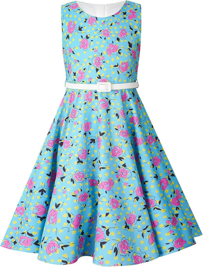 BONNY BILLY Mädchen Kleider Vintage Blumen Festlich Hochzeit Elegant Kinder Kleid mit Gürtel