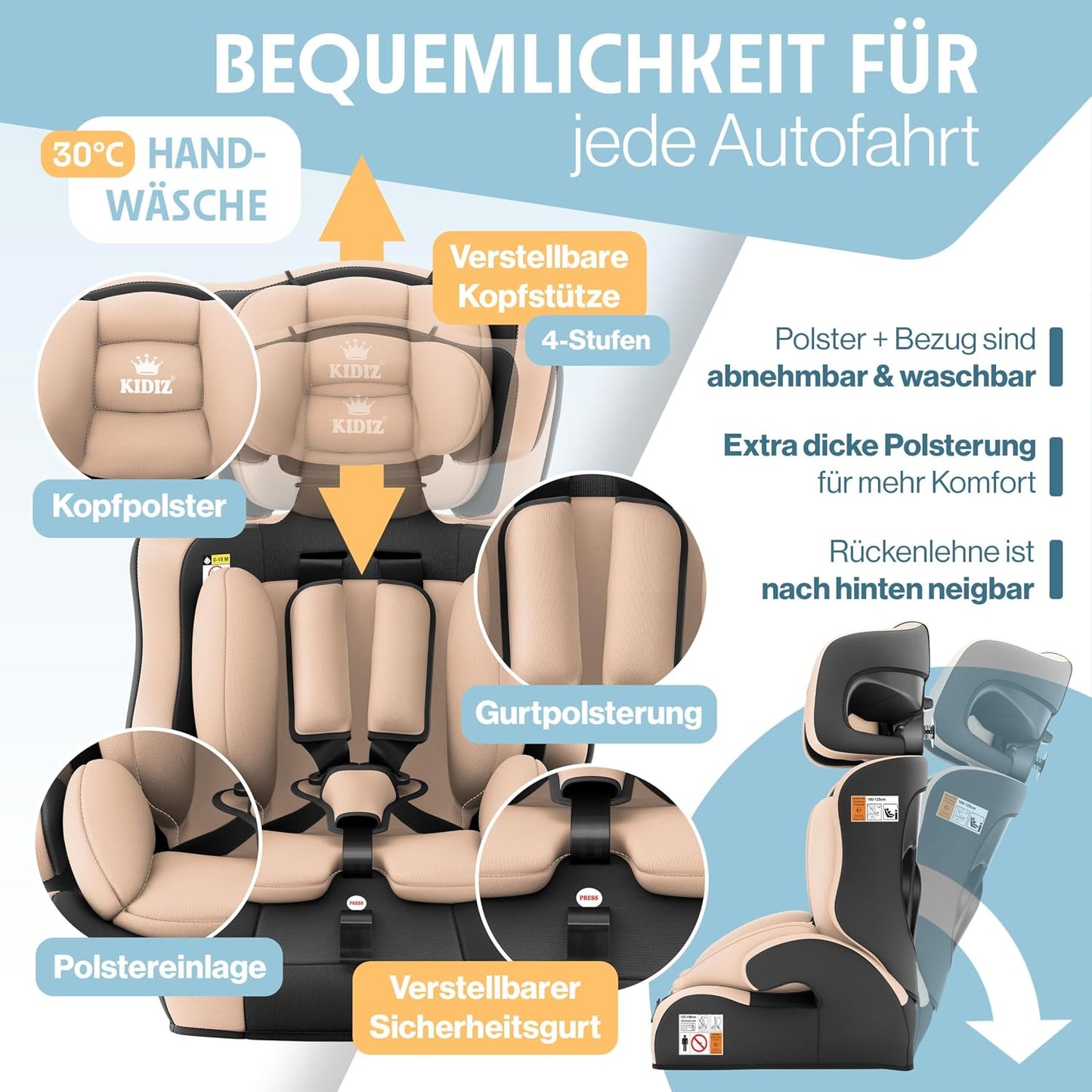 Autokindersitz mit Isofix i-Size R129 100-150cm bis 12 Jahre, Kinderautositz Gruppe 1/2/3, mitwachsender Kindersitz, 5-Punkt-Gurt & höhenverstellbare Kopfstütze, Sitzerhöhung Auto, Schwarz