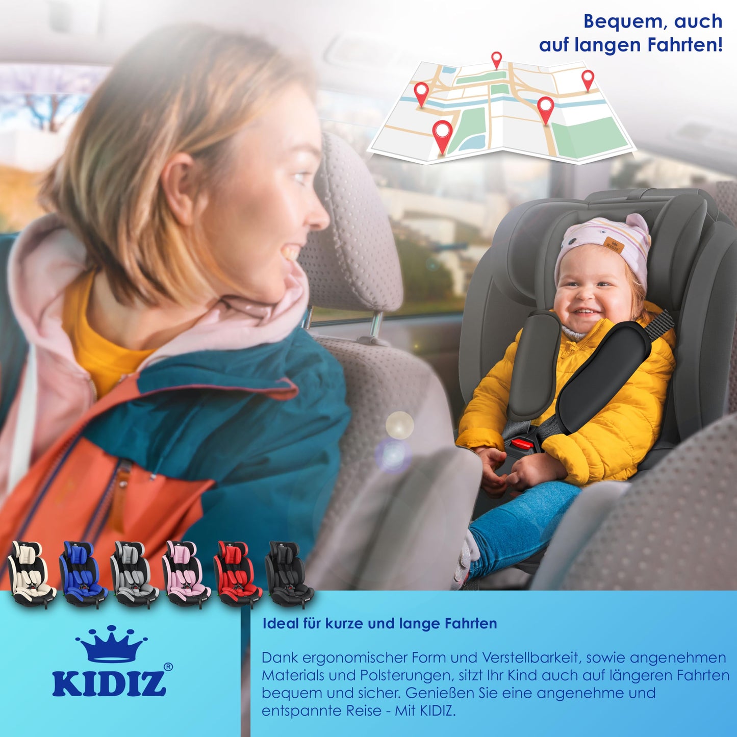 KIDIZ® Autokindersitz Kinderautositz Gruppe 1+2+3 9-36 kg 5-Punkt-Sicherheitsgurt, Autositz, Kindersitz, Einstellbare Kopfstütze, Mitwachsende Sitzerhöhung 1-12 Jahre, Stabil und Sicher