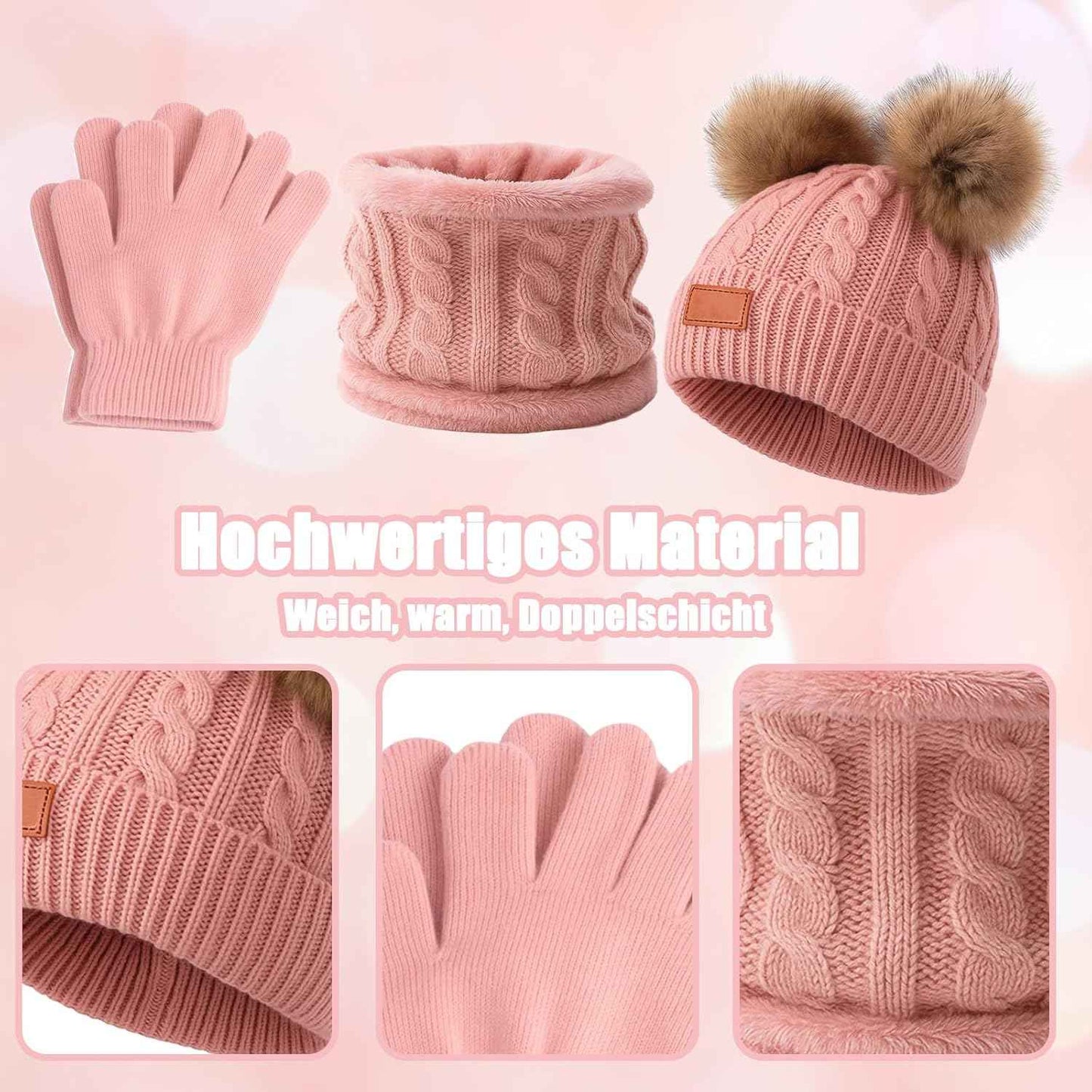 Hat Scarf Set Girls, Winter Hat Girls, Winter Hat Children, Scarf and Hat Set Hat Girls 6 Years, 4-Piece Set in Soft Pink