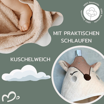 MIRARI Kids Babyhandtuch mit Kapuze und Waschlappen 100x100 cm – Handtuch Rentier aus 100% Baumwolle - REH Badetuch mit Kapuze - Geschenk Geburt - Baby Erstausstattung Neugeborenen Set
