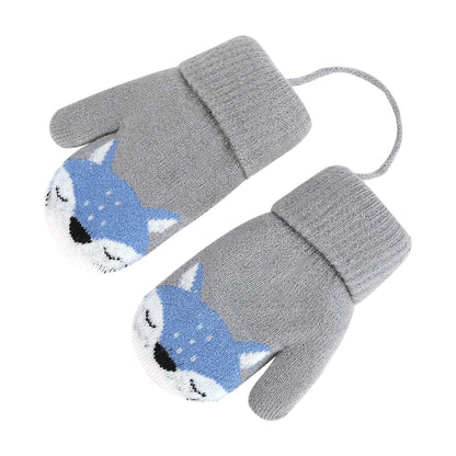 Kids Winter Gloves Mittens Baby Cartoon Mitten Neck Gloves Thick Double Knitted Glove with Plush,0 - 3 years old, Playing, Running, Skiing