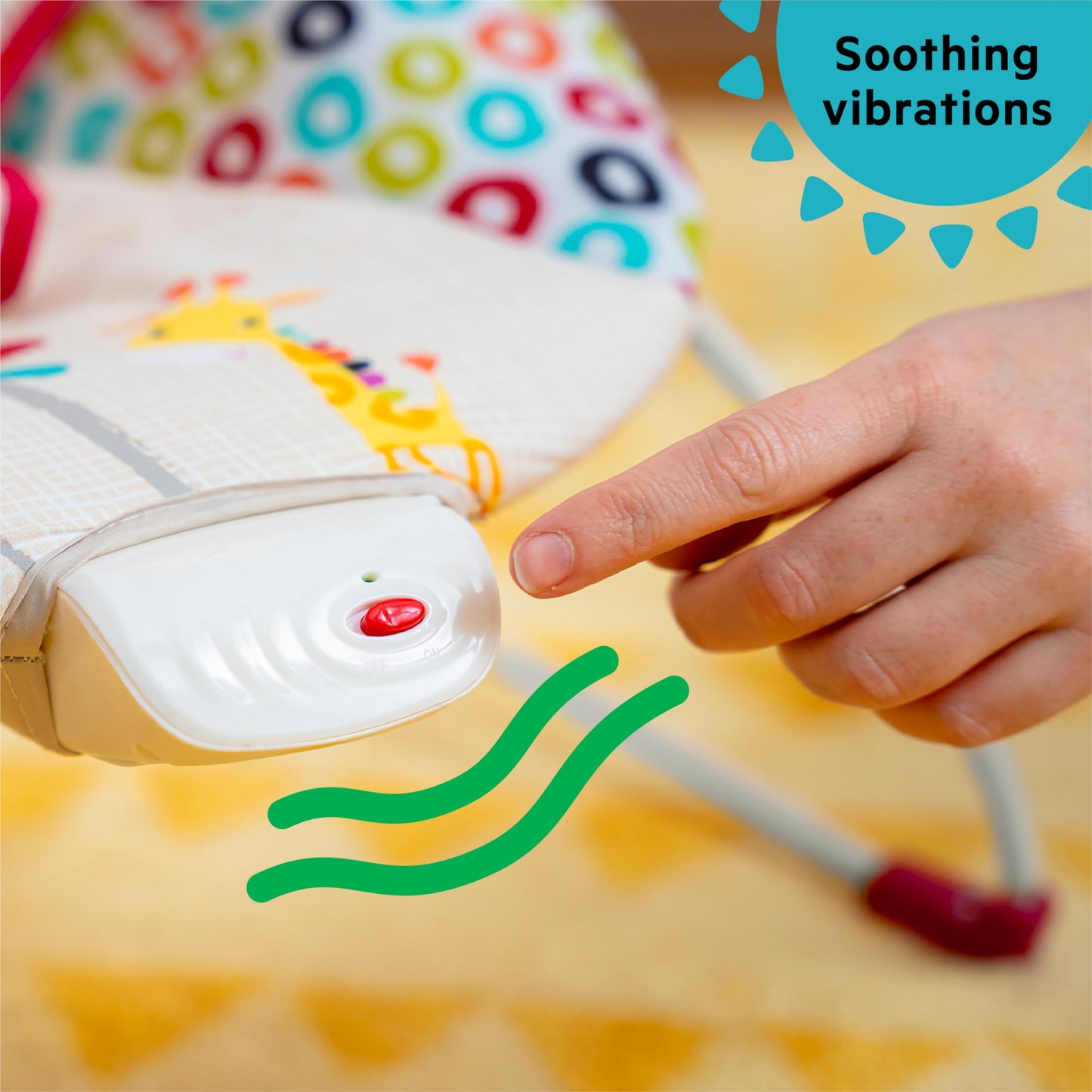 Bright Starts, Babywippe Babyschaukel Safari Fun mit Beruhigenden Vibrationen, Spielbogen mit 2 Spielzeugen, 3-Punkte-Gurt Sitz, Maschinenwaschbares Sitzpolster, ab der Geburt bis 9kg